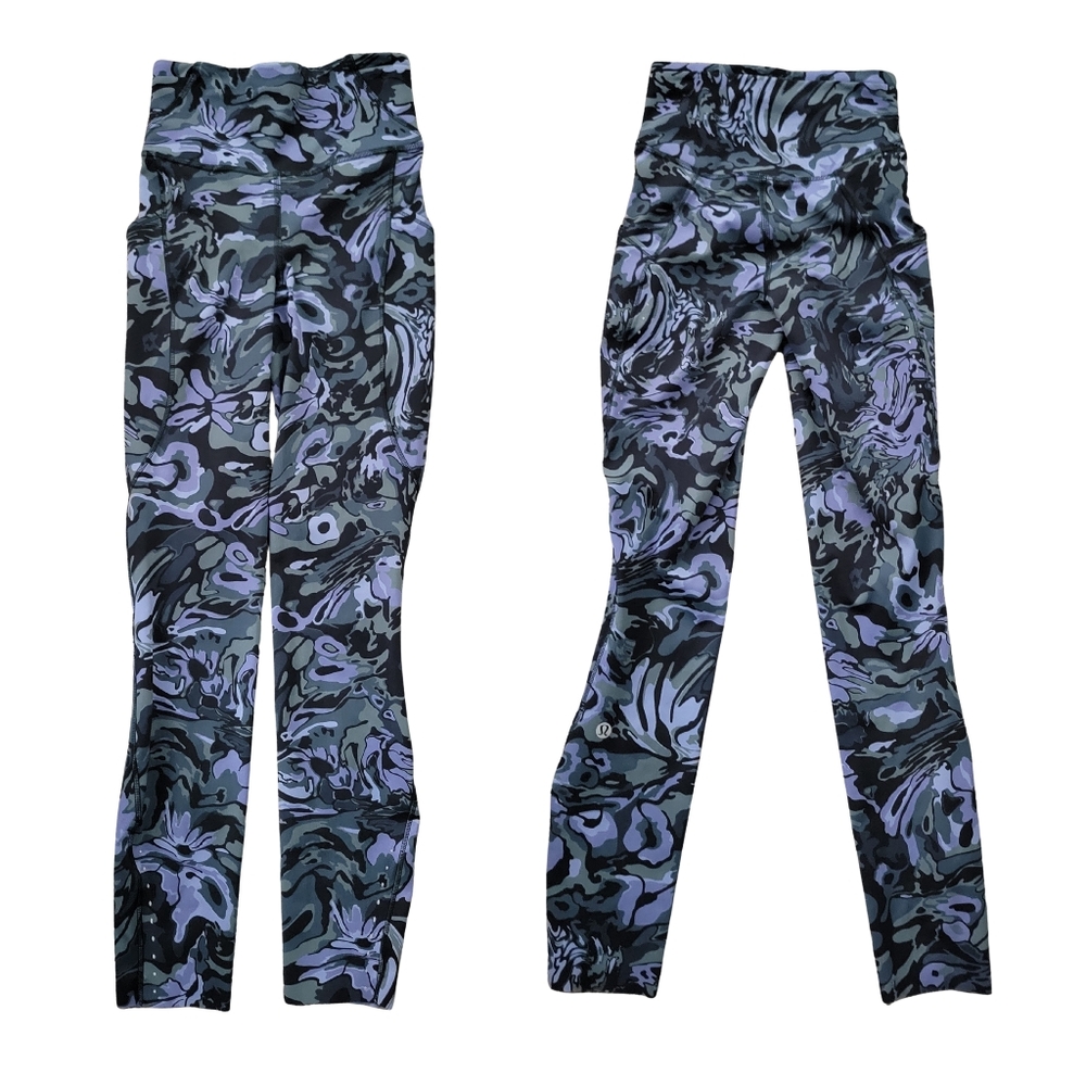 Lululemon Womens 0 Leggings High-Rise Floral Blue Athleisure Yoga Athletic